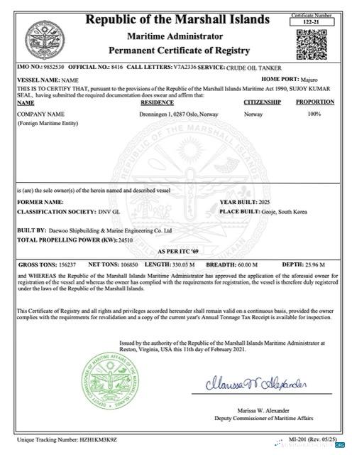 Marshall Islands permanent certificate of registry Word and PDF template